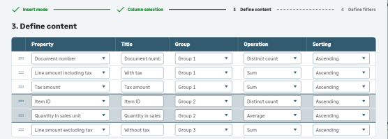 Screenshot showing how to group data in the insert object wizard